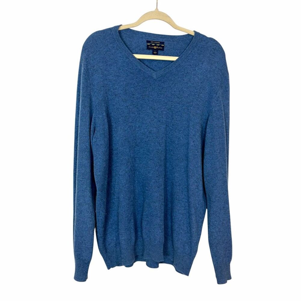Club Room Sweater Mens Large Blue 100% Cashmere V-Neck Pullover Knit Preppy Luxe